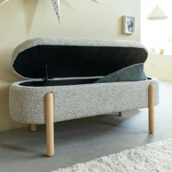 Banc<Made in Meubles Banc en bois de pin et tissu bouclette gris clair Nério