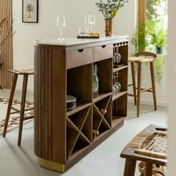 Meuble Bar<Made in Meubles Bar en bois de manguier et marbre blanc Sienne