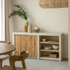 Buffet<Made in Meubles Buffet 2 portes avec étagères en bois effet béton et bois recyclé Dalva