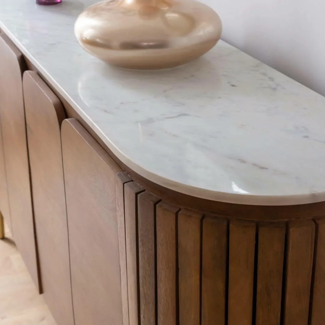Buffet<Made in Meubles Buffet arrondi en bois de manguier et marbre Sienne