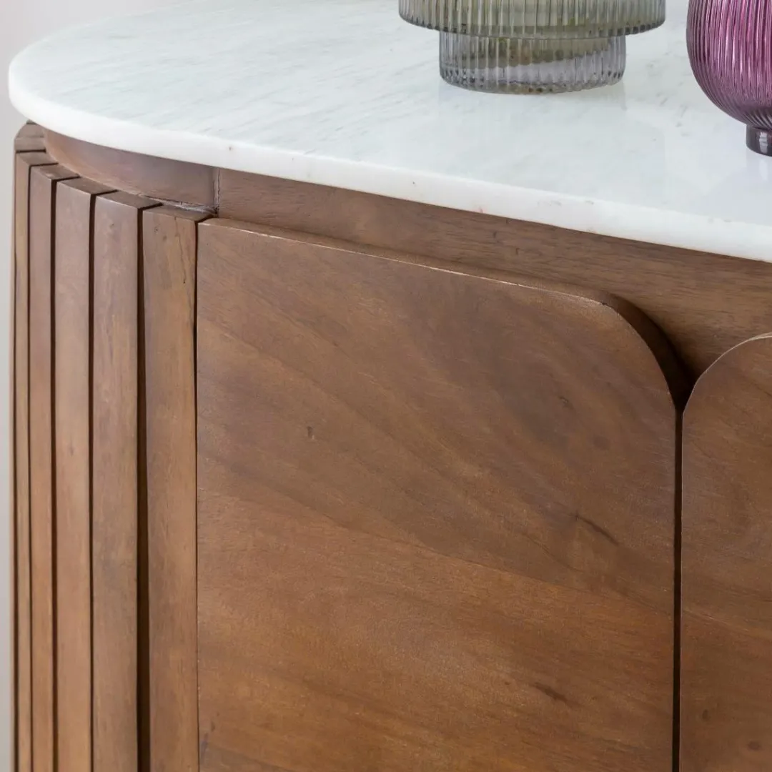 Buffet<Made in Meubles Buffet arrondi en bois de manguier et marbre Sienne