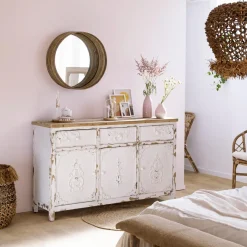 Buffet<Made in Meubles Buffet blanc en pin massif brossé Bastille