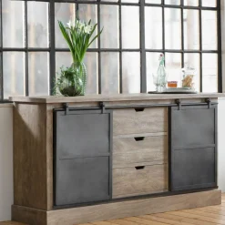 Buffet<Made in Meubles Buffet en bois de manguier brossé et métal gris foncé Helsinki