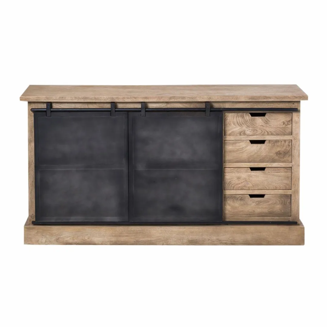 Buffet<Made in Meubles Buffet en bois de manguier brossé et métal gris foncé 4 tiroirs Helsinki