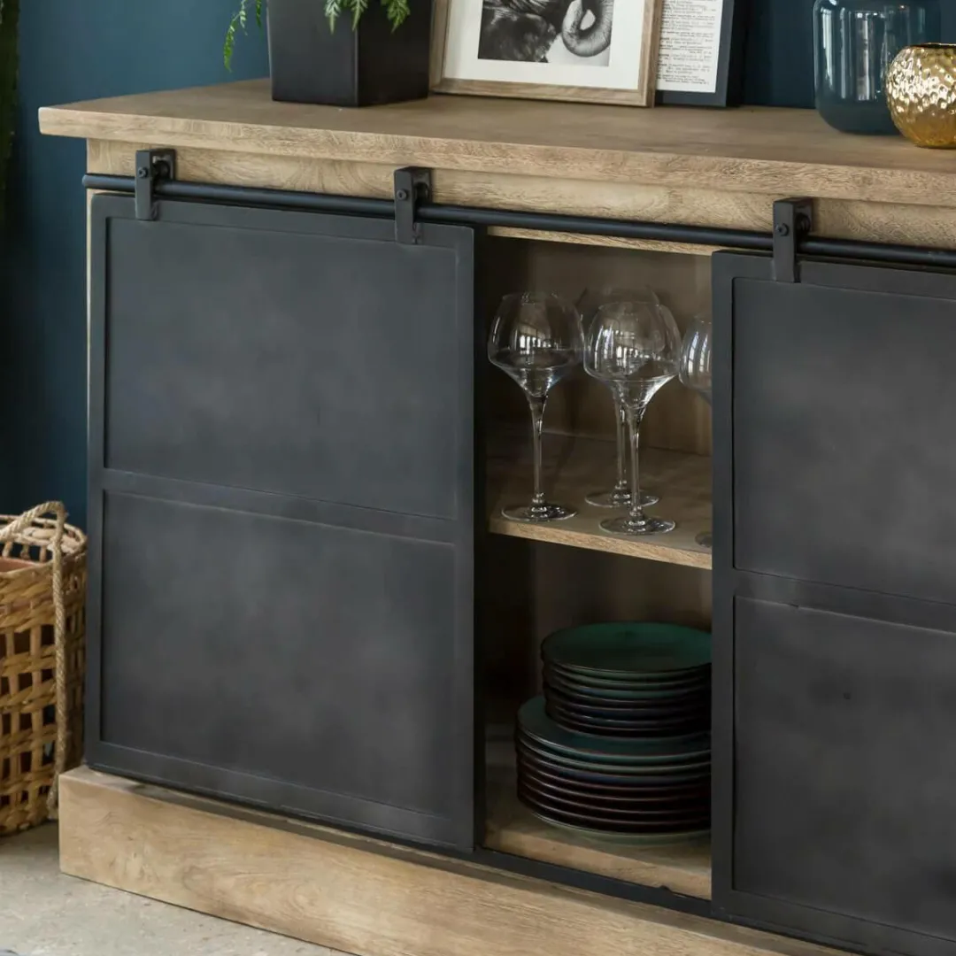 Buffet<Made in Meubles Buffet en bois de manguier brossé et métal gris foncé 4 tiroirs Helsinki