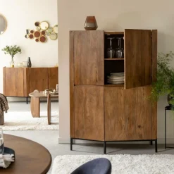 Buffet<Made in Meubles Buffet haut en bois de manguier et travertin Azure