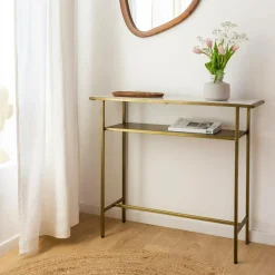 Table Console<Made in Meubles Console en métal doré et marbre Timéo