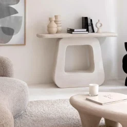 Table Console<Made in Meubles Console pied central en bois effet béton blanc Danaé