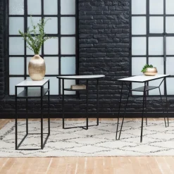 Table Console<Made in Meubles Console pieds compas en marbre blanc et métal Marceau