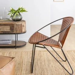 Fauteuil<Made in Meubles Fauteuil en cuir marron et métal Jaya