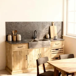 Meuble Bas<Made in Meubles Meuble bas de cuisine en bois recyclé et pierre bleue Romain