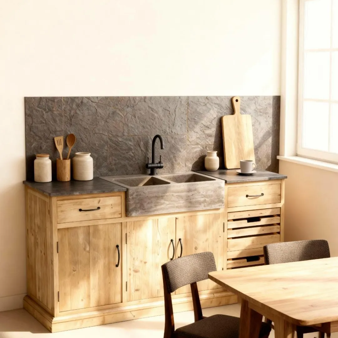 Meuble Bas<Made in Meubles Meuble bas de cuisine en bois recyclé et pierre bleue Romain