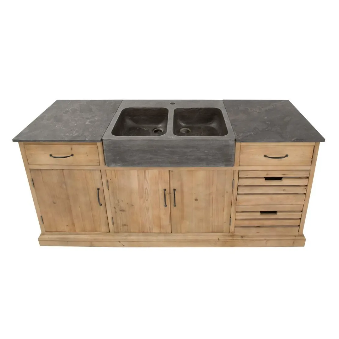 Meuble Bas<Made in Meubles Meuble bas de cuisine en bois recyclé et pierre bleue Romain