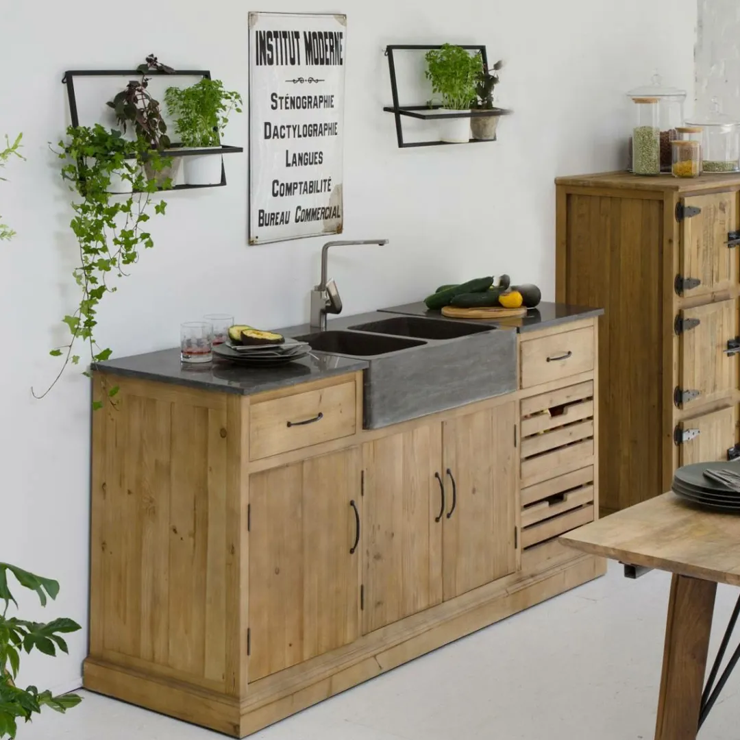 Meuble Bas<Made in Meubles Meuble bas de cuisine en bois recyclé et pierre bleue Romain