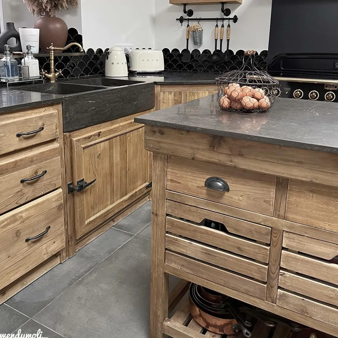 Meuble Bas<Made in Meubles Meuble bas de cuisine évier 2 vasques pierre bleue Champêtre