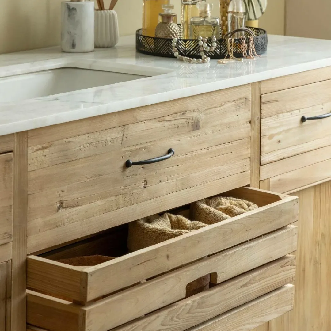 Meuble Sous Vasque<Made in Meubles Meuble sous vasque en vieux pin et marbre blanc Nils