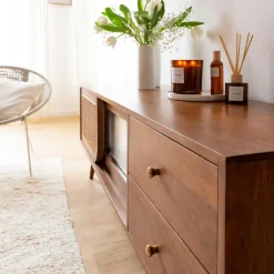 Meuble Tv<Made in Meubles Meuble TV en bois de manguier et cannage Charline