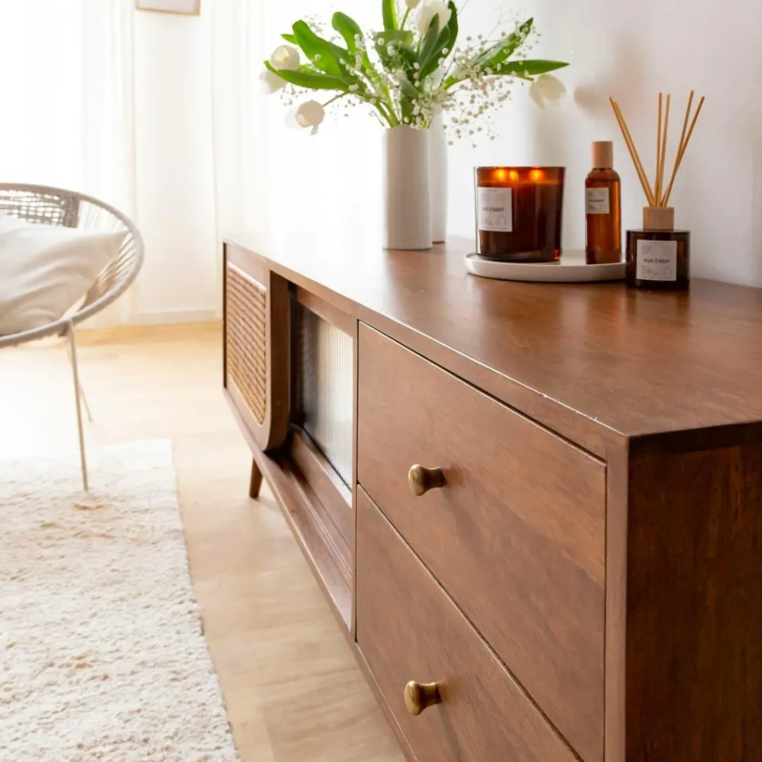 Meuble Tv<Made in Meubles Meuble TV en bois de manguier et cannage Charline