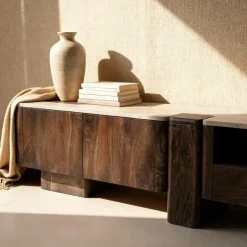 Meuble Tv<Made in Meubles Meuble TV en bois de manguier et en travertin Carola