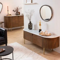 Meuble Tv<Made in Meubles Meuble TV en bois de manguier et marbre Sienne