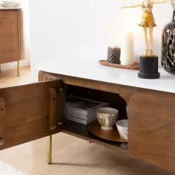 Meuble Tv<Made in Meubles Meuble TV en bois de manguier et marbre Sienne