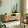 Meuble Tv<Made in Meubles Meuble TV en bois de manguier et cannage Palma