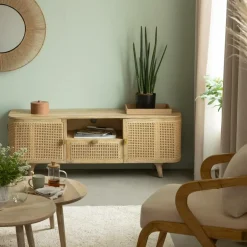 Meuble Tv<Made in Meubles Meuble TV en bois de manguier et cannage Palma