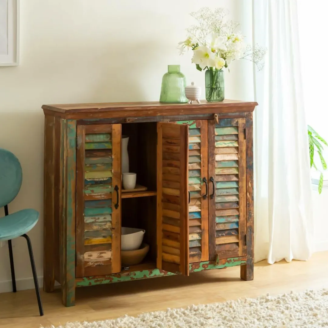 Buffet<Made in Meubles Petit buffet à lattes en bois coloré Ethnik