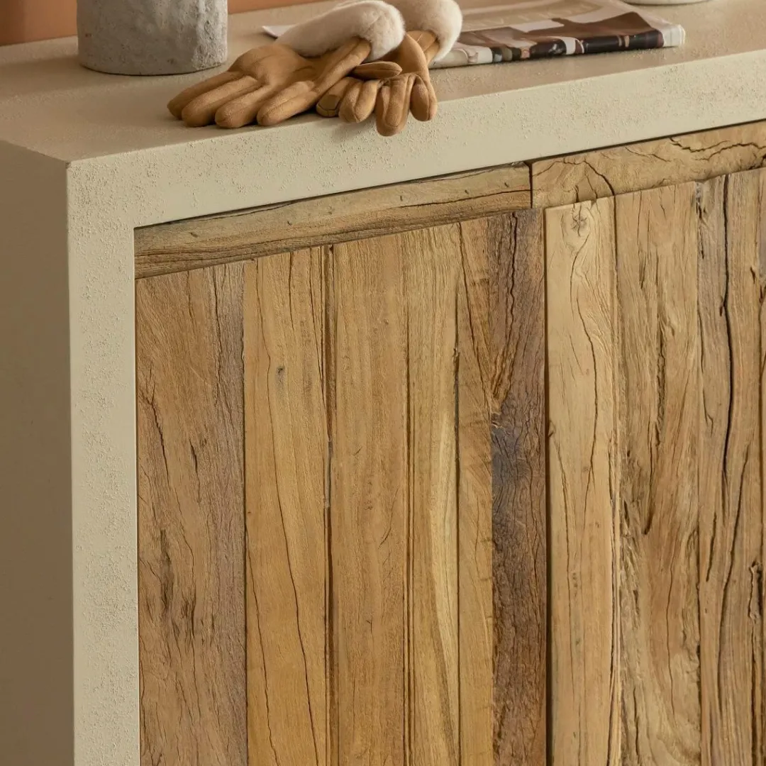 Buffet<Made in Meubles Petit buffet 2 portes en bois effet béton et bois recyclé Dalva