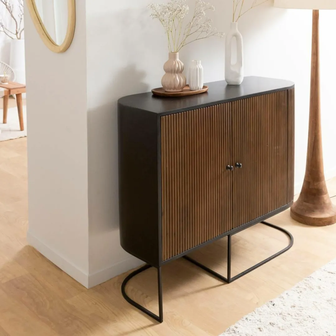 Buffet<Made in Meubles Petit buffet arrondi en bois de manguier et métal Ysé