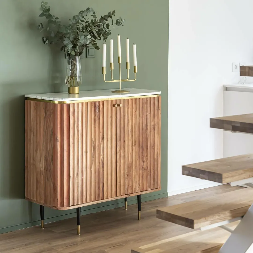 Buffet<Made in Meubles Petit buffet en bois d'acacia et marbre blanc Judith