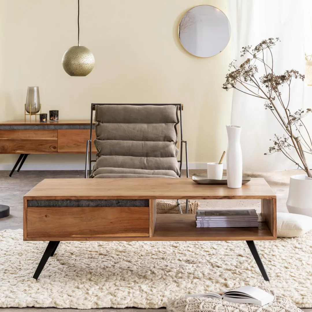Table Basse<Made in Meubles Table basse en bois d'acacia et pierre Yvan