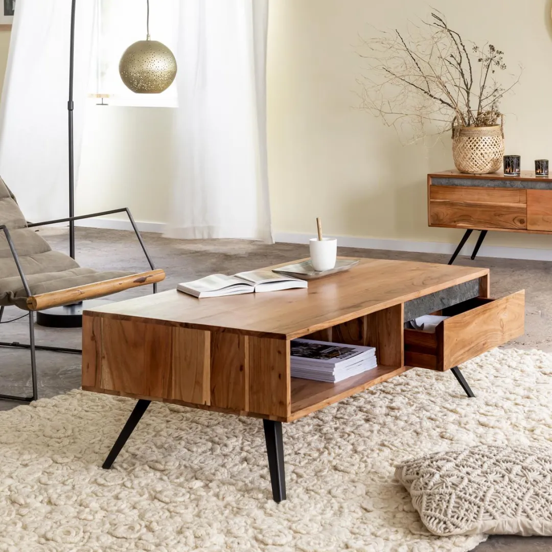 Table Basse<Made in Meubles Table basse en bois d'acacia et pierre Yvan