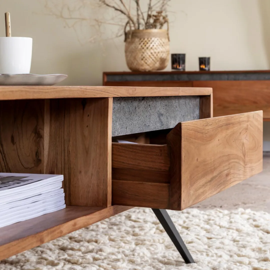 Table Basse<Made in Meubles Table basse en bois d'acacia et pierre Yvan