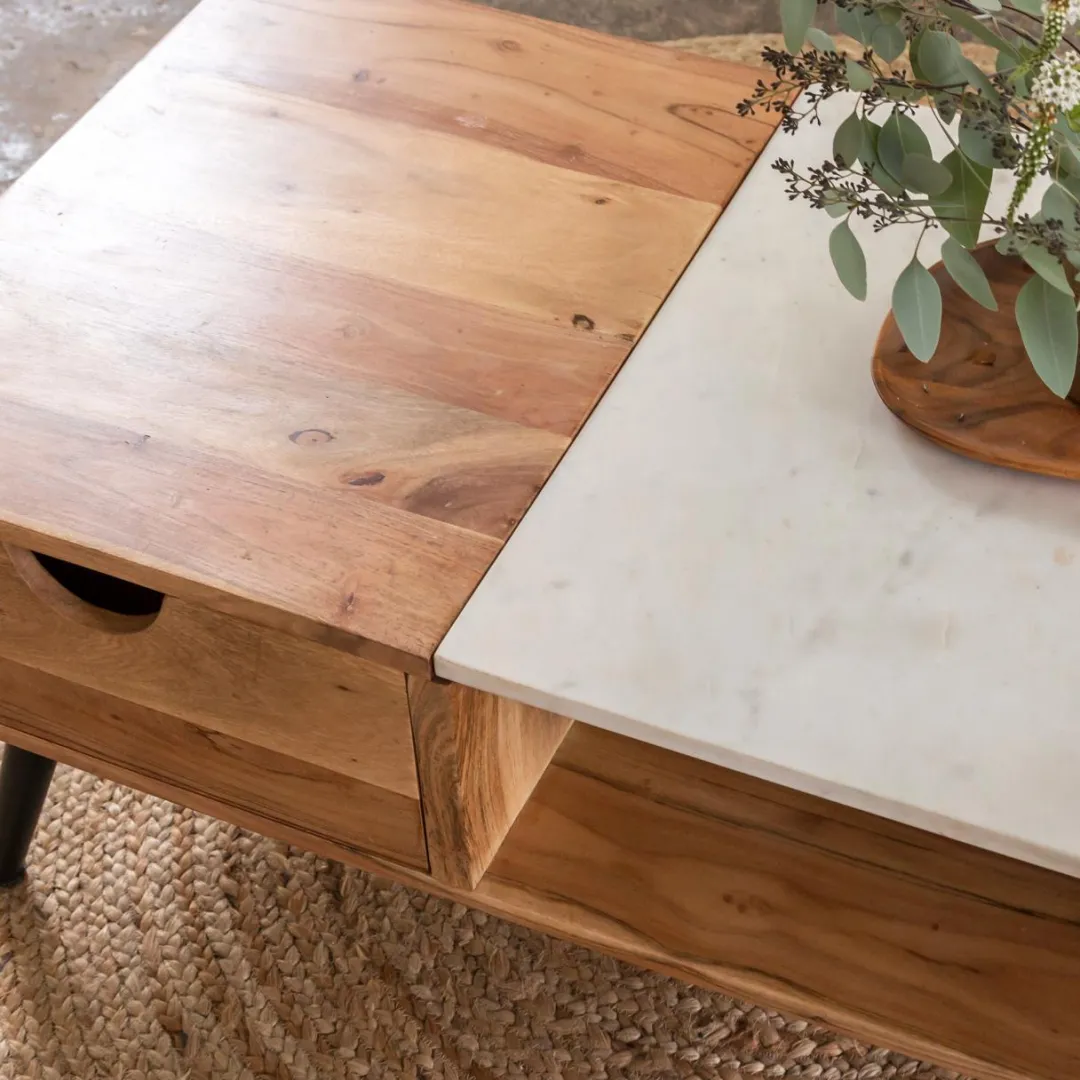 Table Basse<Made in Meubles Table basse en bois d'acacia et marbre Frida