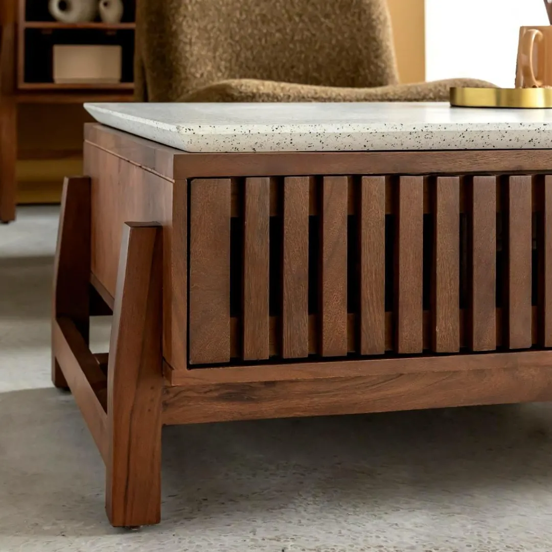 Table Basse<Made in Meubles Table basse en bois d'acacia et terrazzo Kaelis