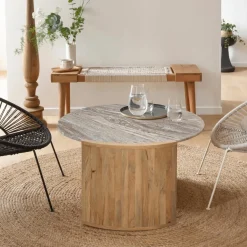 Table Basse<Made in Meubles Table basse en bois de manguier et marbre Isabella