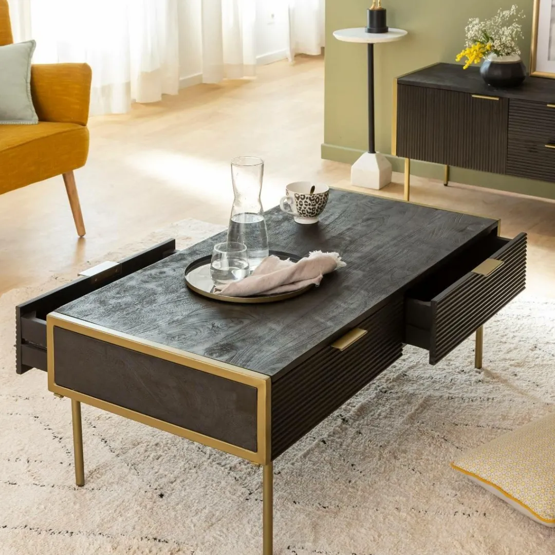 Table Basse<Made in Meubles Table basse en bois de manguier et métal doré Ange