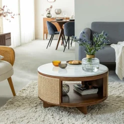 Table Basse<Made in Meubles Table basse en bois de manguier, cannage et marbre Brook