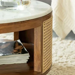 Table Basse<Made in Meubles Table basse en bois de manguier, cannage et marbre Brook