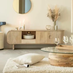 Table Basse<Made in Meubles Table basse en bois de manguier et verre Nerys