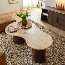 Table Basse<Made in Meubles Table basse en bois de manguier et en travertin Carola