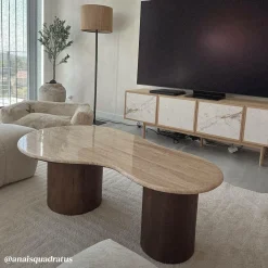 Table Basse<Made in Meubles Table basse en bois de manguier et en travertin Carola