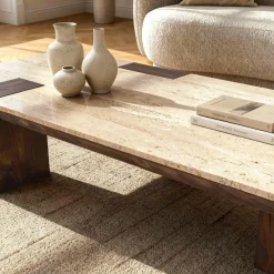 Table Basse<Made in Meubles Table basse en bois de manguier et travertin Carola