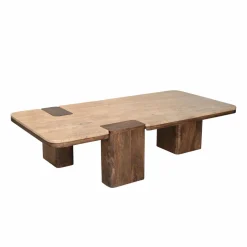 Table Basse<Made in Meubles Table basse en bois de manguier et travertin Carola