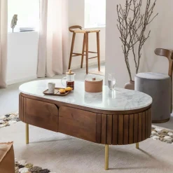 Table Basse<Made in Meubles Table basse en bois de manguier et marbre Sienne