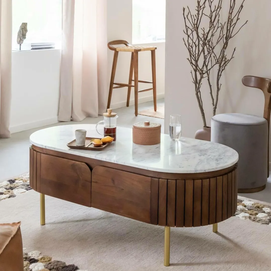 Table Basse<Made in Meubles Table basse en bois de manguier et marbre Sienne