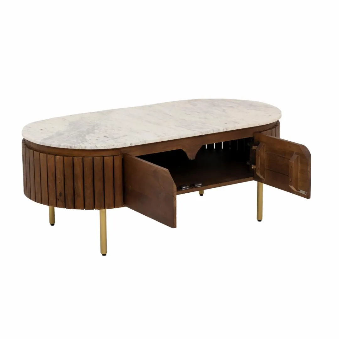 Table Basse<Made in Meubles Table basse en bois de manguier et marbre Sienne