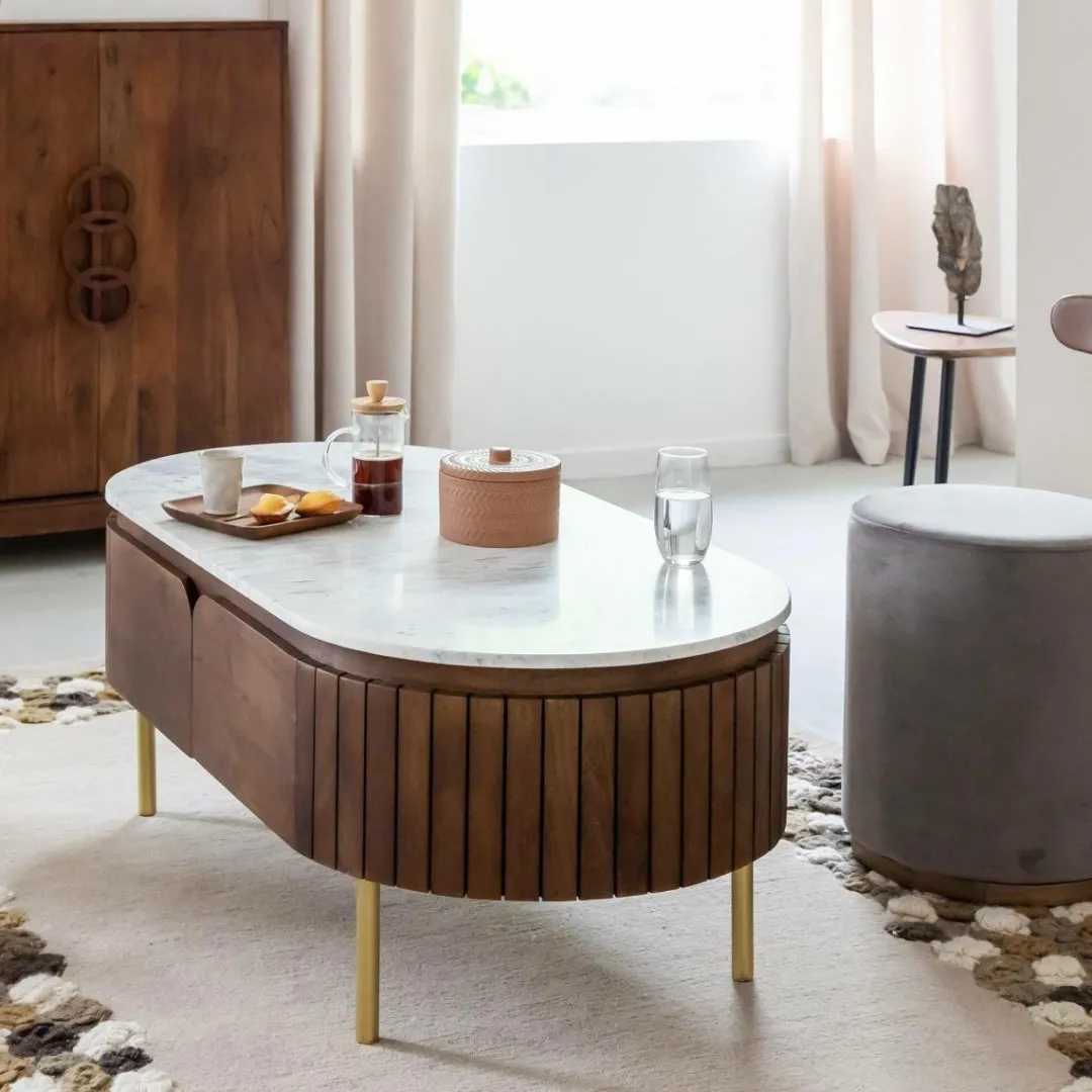 Table Basse<Made in Meubles Table basse en bois de manguier et marbre Sienne