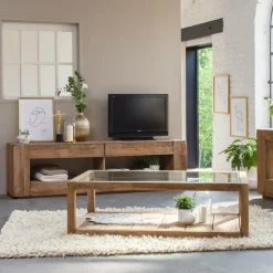 Table Basse<Made in Meubles Table basse en bois recyclé et verre Blaise